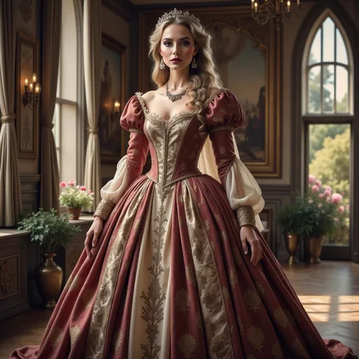 Prompt: Envision a regal 16th century royal princess, adorned in luxurious Tudor-era clothing that glimmers in shades of deep crimson and gold. Her gown features intricate embroidery and flowing sleeves, exuding an air of opulence. The princess stands gracefully in a sunlit castle chamber, where rays of warm light filter through tall, arched windows, casting delicate patterns across the stone floor. A cascade of lustrous hair, entwined with sparkling jewels and a delicate tiara, frames her serene yet confident expression. Lush tapestries hang on the walls, depicting scenes of nobility, while a distant garden can be glimpsed through an open door, vibrant flowers swaying gently in the breeze. The atmosphere is one of elegance and history, beautifully captured in a photorealistic style.