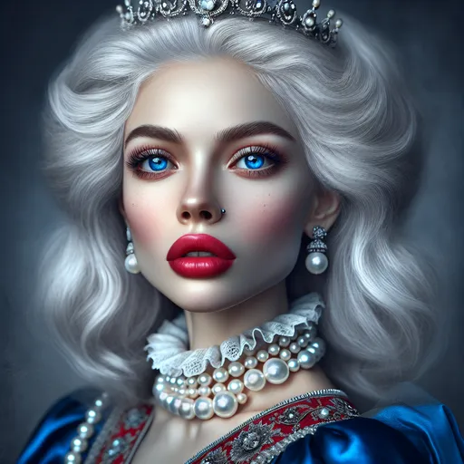 Prompt: a woman with  white hair, blue eyes, a tiara and pearls on her head and a red lip and a blue dress with a red and white collar, Anne Stokes, gothic art, highly detailed digital painting, a detailed painting