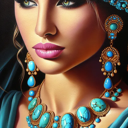 Prompt: a woman wearing a necklace and earrings with turquoise stones on it, and a gold necklace with turquoise stones on it, Annabel Eyres, cloisonnism, jewelry, a photorealistic painting