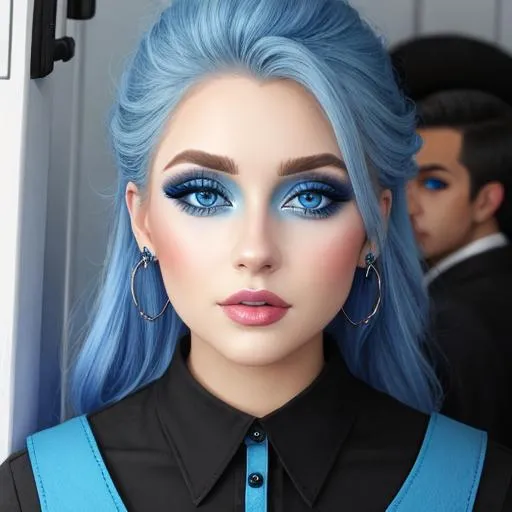 Prompt: A woman all in blue, blue eyes, pretty makeup