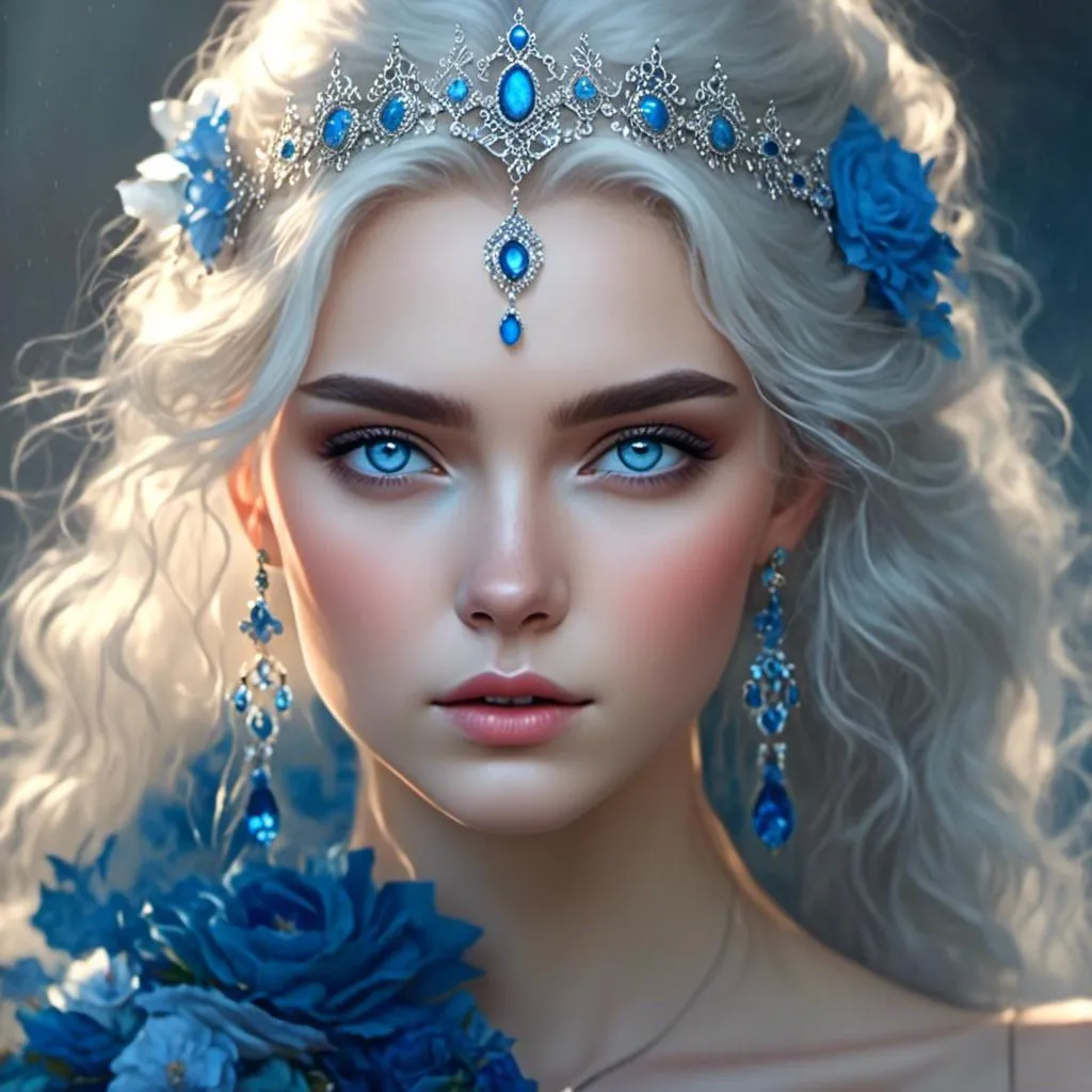 Prompt: <mymodel>A beautiful woman, white hair, blue eyes, blue eyeshadow, blue jewels on forehead