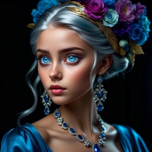 Prompt: <mymodel>Glamorously dressed lady of rhe 1930's wearing sapphire jewelry,blue eyes