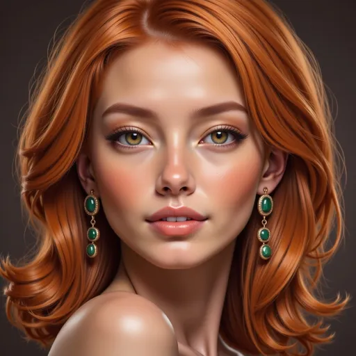 Prompt: beautiful woman with Auburn hair, red lips and green eyes wearing emerald jewelry