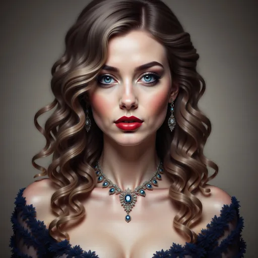 Prompt: a woman with long hair and a necklace on her neck and a necklace on her neck, with a diamond necklace on her neck, Charlie Bowater, photorealism, highly detailed digital painting, a photorealistic painting