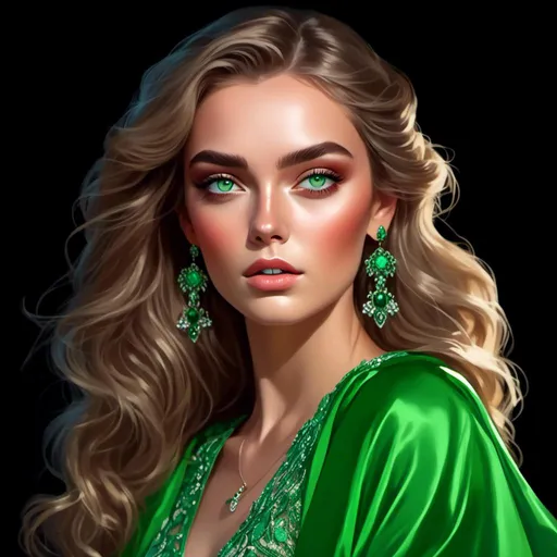 Prompt: <mymodel>Detailed illustration of a woman in vibrant green attire, large vivid green eyes, elegant makeup, digital painting, high resolution, realistic style, vibrant green, professional lighting