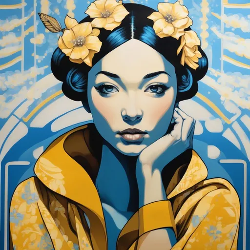 Prompt: a painting of a woman with a headpiece on her head and a yellow dress on her shoulders, with a blue background, Audrey Kawasaki, art deco, tristan eaton, an art deco painting