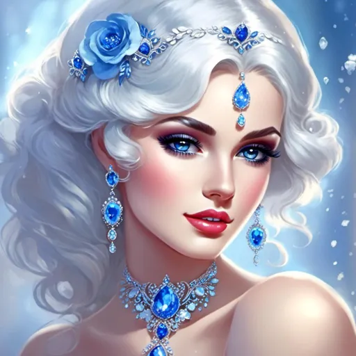 Prompt: <mymodel>A beautiful woman, snow white hair with pastel highlights, frosty blue eyes, blue eyeshadow, blue jewels on forehead