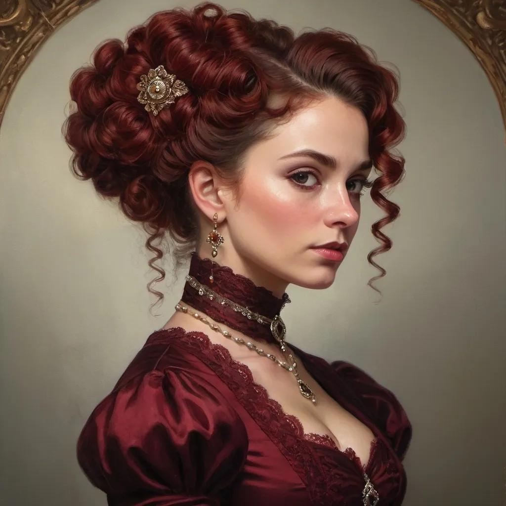 Prompt: Powerful Victorian woman with voluminous wine-red curly updo, elegant Victorian attire, detailed lace, regal posture, intricate jewelry, luxurious fabric, intense gaze, oil painting, high quality, Victorian era, regal, detailed hair, elegant, luxurious, intense gaze, detailed lace, oil painting, atmospheric lighting