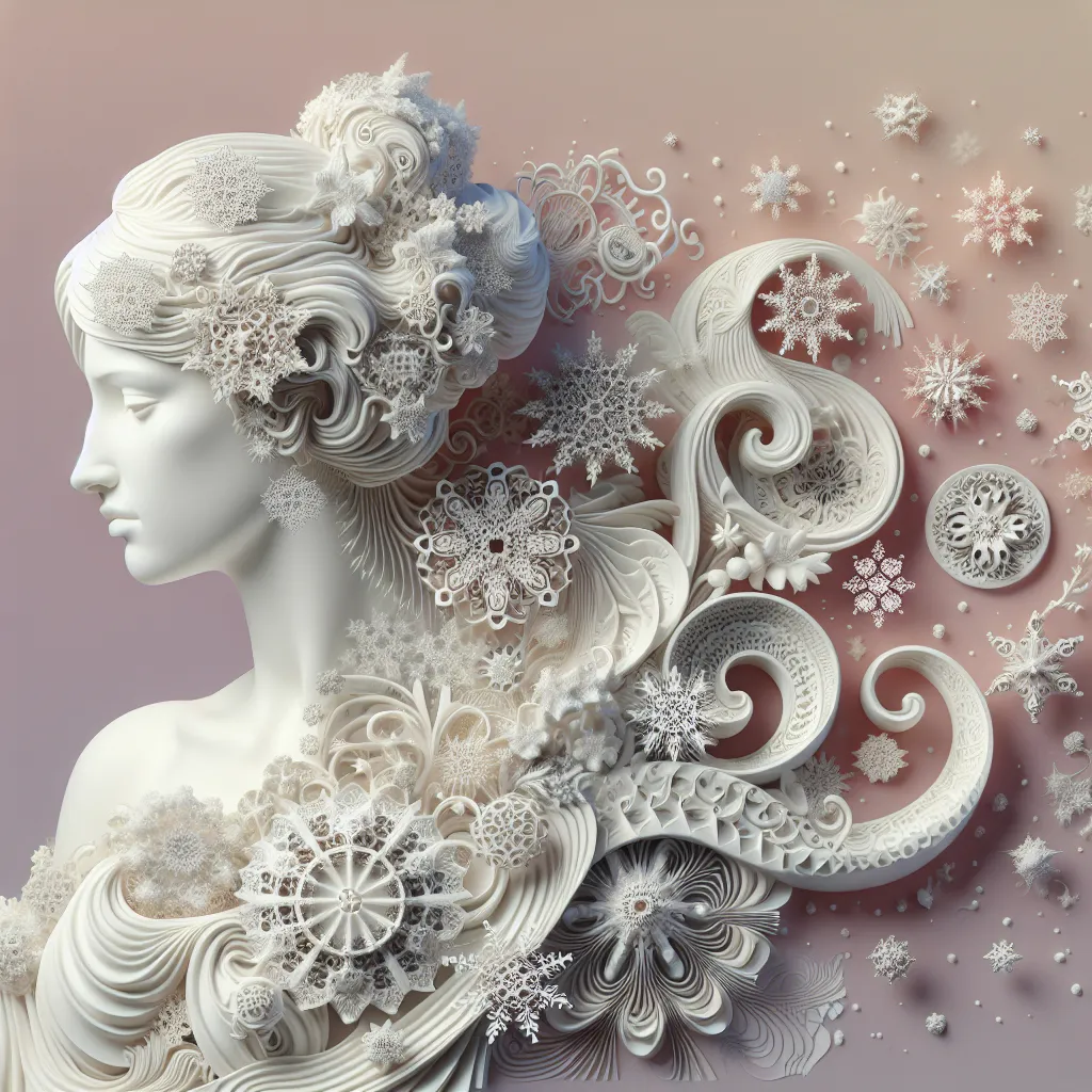 Prompt: A beautiful white female 3D sculpture against a white background, whimsical snowflakes fused throughout the sculpture, Stephanie Law style of hyperrealism, very intricate details, abstract vector fractal, wave function, zentangle, 3D shading