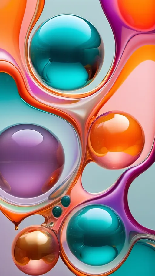 Prompt: Abstract artwork featuring fluid-like, transparent structures and translucent spheres with vibrant, creative color schemes. Each image uses a unique color combination for a dynamic visual effect. First image: tones of teal, gold, and soft lavender, resembling molten glass with prismatic reflections and metallic accents. Second image: deep orange, turquoise, and soft rose pink, adding depth and highlights. Third image: rich emerald green, maroon, and light silver tones for a sophisticated contrast. Each composition is set against gradient backgrounds that fade from emerald to navy, indigo to dusk pink, or gold to sapphire, with soft glow vignettes surrounding the main forms. Delicate cracks and ripples across the glassy surfaces add texture, enhancing the sense of movement and dimensionality