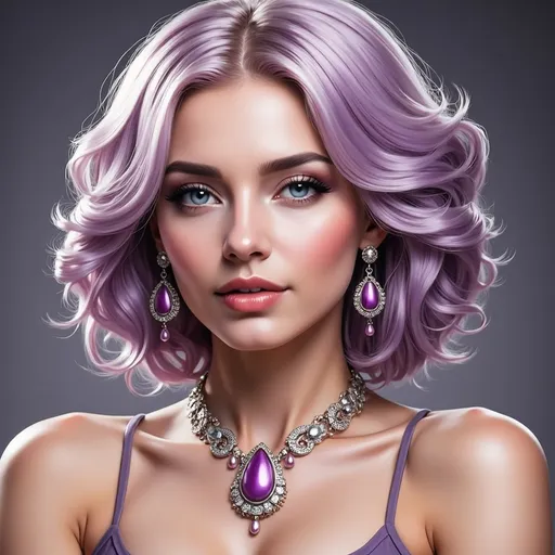 Prompt: a woman with purple hair wearing a purple dress and jewelry with a necklace and earrings on her neck and a necklace with a tear shaped drop, Charlie Bowater, fantasy art, highly detailed digital painting, a photorealistic painting