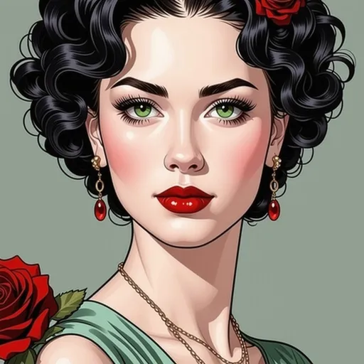 Prompt: This is a digital drawing in a realistic, semi-cartoon style, depicting a young woman with a strikingly elegant and classic appearance. She has fair skin, green almond-shaped eyes with dark eyeliner, and full, red lips. Her black, wavy hair is styled in vintage curls, adorned with a red rose on the right side. She wears a pair of ornate, dangling earrings with red gemstones and a matching necklace. Her green dress has soft, flowing sleeves, and another red rose is visible on the left side of the image. The background is a solid, muted green color, which contrasts with her vibrant features and accessories. The overall composition is symmetrical, with her face centered, and the roses adding a touch of romanticism to the image. The texture of the drawing is smooth, with detailed shading and highlights that give her features a three-dimensional appearance. The style combines elements of traditional pin-up art with modern digital techniques, resulting in a timeless and elegant portrait.