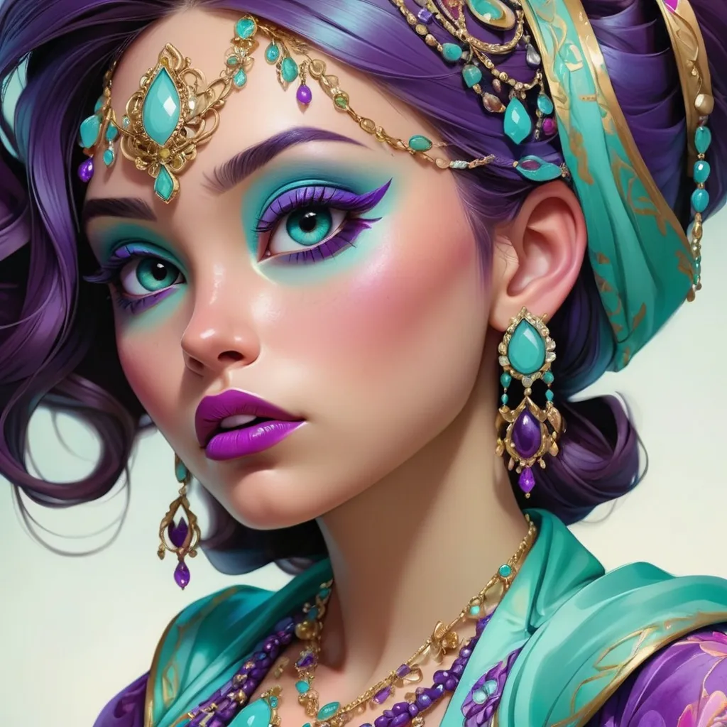 Prompt:  illustration of a young woman, aqua and purple tones, elaborate jewelry, detailed makeup, colorful attire