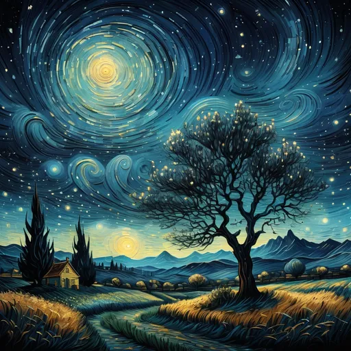 Prompt: a  landscape with a night sky background and stars in the sky,  Van Gogh sky, Dan Mumford, post-impressionism, stars, a detailed painting