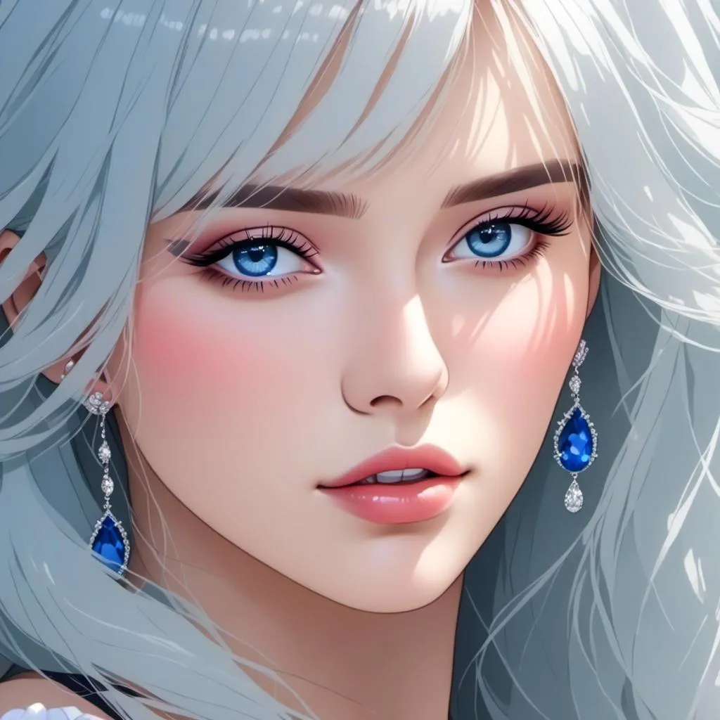 Prompt: <mymodel>A beautiful woman, white hair, blue eyes, blue eyeshadow, blue jewels o