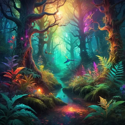 Prompt: Vibrant digital artwork of a mystical forest, rich and diverse flora and fauna, magical glowing fauna, vivid and surreal colors, high quality, digital painting, fantasy, vibrant colors, mystical atmosphere, detailed foliage, ethereal creatures, atmospheric lighting