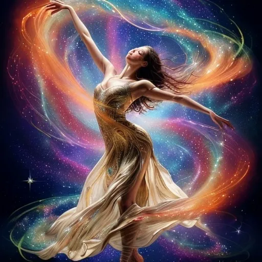 Prompt: a stunning depiction of a dancer whose flowing movements create beautiful, swirling galaxies. The dancer's form and dress are painted with stars and cosmic dust, illustrating the harmony between human expression and the universe. Light background 