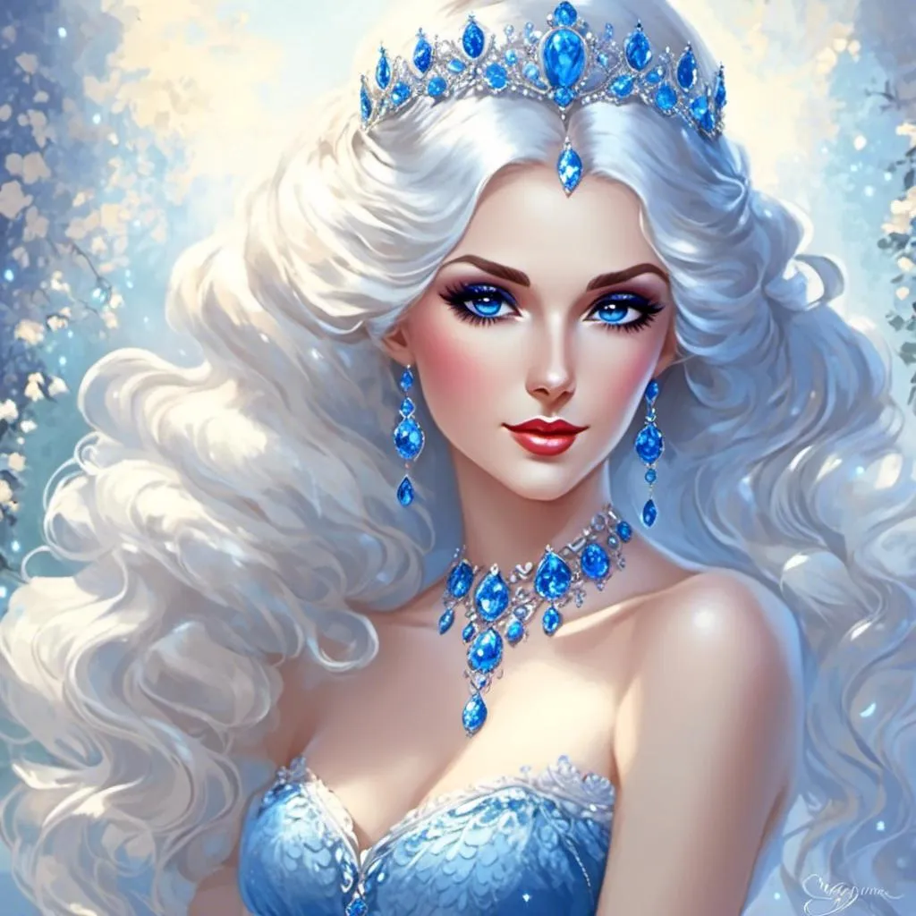 Prompt: <mymodel>A beautiful woman, snow white hair with pastel highlights, frosty blue eyes, blue eyeshadow, blue jewels on forehead