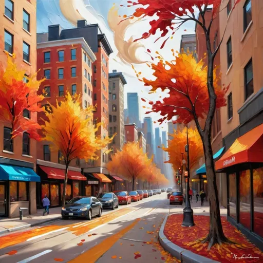 Prompt: Expressive autumn cityscape painting, vibrant brushstrokes, warm color palette, thick impasto texture, urban skyline, falling leaves, swirling winds, abstract expressionism, vibrant reds and oranges, energetic brushwork, bustling city streets, dynamic composition, high quality, expressive, cityscape, autumn, art, vibrant, impasto, abstract, energetic, dynamic, warm colors, swirling winds