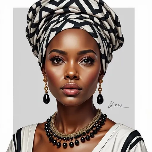 Prompt: This is a highly detailed, realistic digital portrait of a dark-skinned woman with a regal and elegant appearance. She has a smooth, even complexion with a slight sheen, suggesting healthy, well-moisturized skin. Her facial features are finely sculpted, with high cheekbones, a straight nose, and full lips that are slightly parted. Her eyes are large and expressive, with dark, well-defined eyebrows. She is wearing a traditional African headwrap in a black and white geometric pattern that is elegantly tied around her head, covering her hair completely. Her ears are adorned with large, teardrop-shaped, black beaded earrings that dangle gracefully. Around her neck, she wears an elaborate, multi-layered necklace composed of numerous small, sparkling beads that add a touch of opulence. She is also wearing a white garment with black stripes, visible at the shoulders. The background is a simple, soft gray, which helps to highlight her features and attire. The image is rendered in a hyper-realistic digital art style, with meticulous attention to detail, creating a lifelike and striking representation.