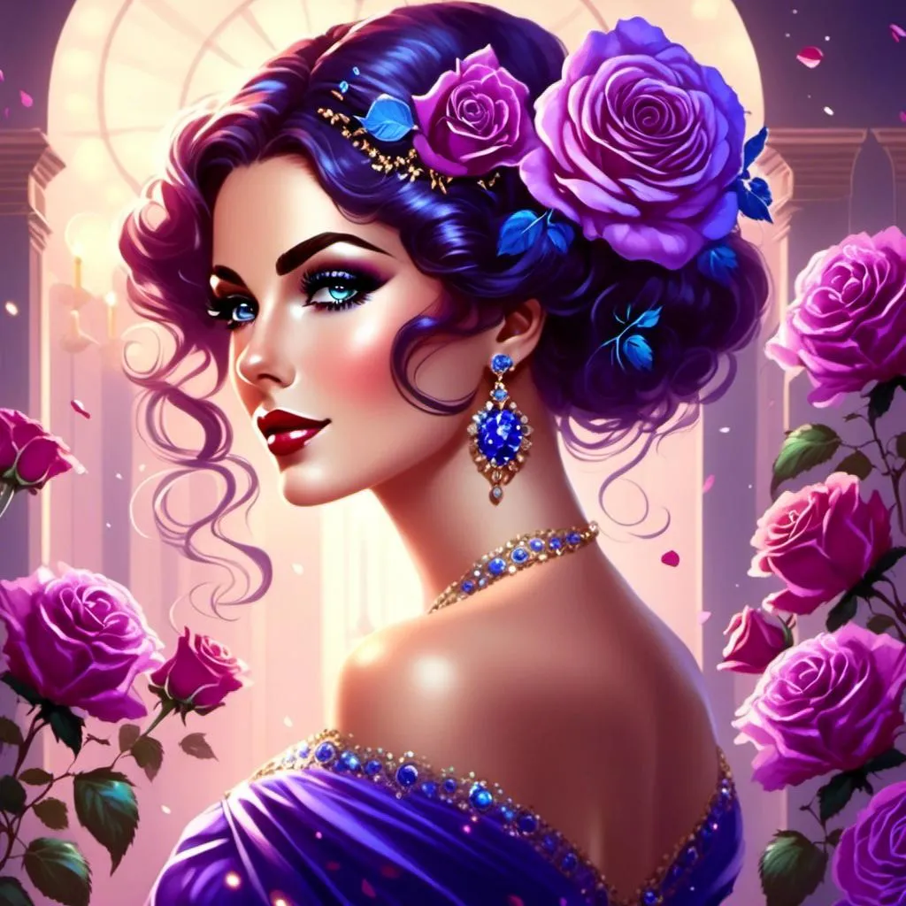 Prompt: <mymodel>Cosmic Epic Beauty, Beautiful and Gorgeous, purple roses in hair