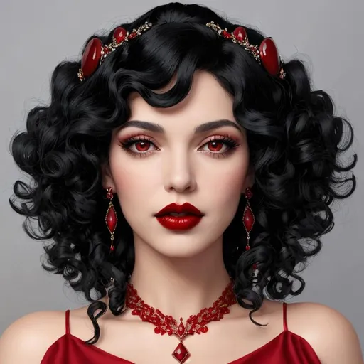 Prompt: woman with curly black hair, red lips,  Red dress, red jewels in her hair, facial closeup
