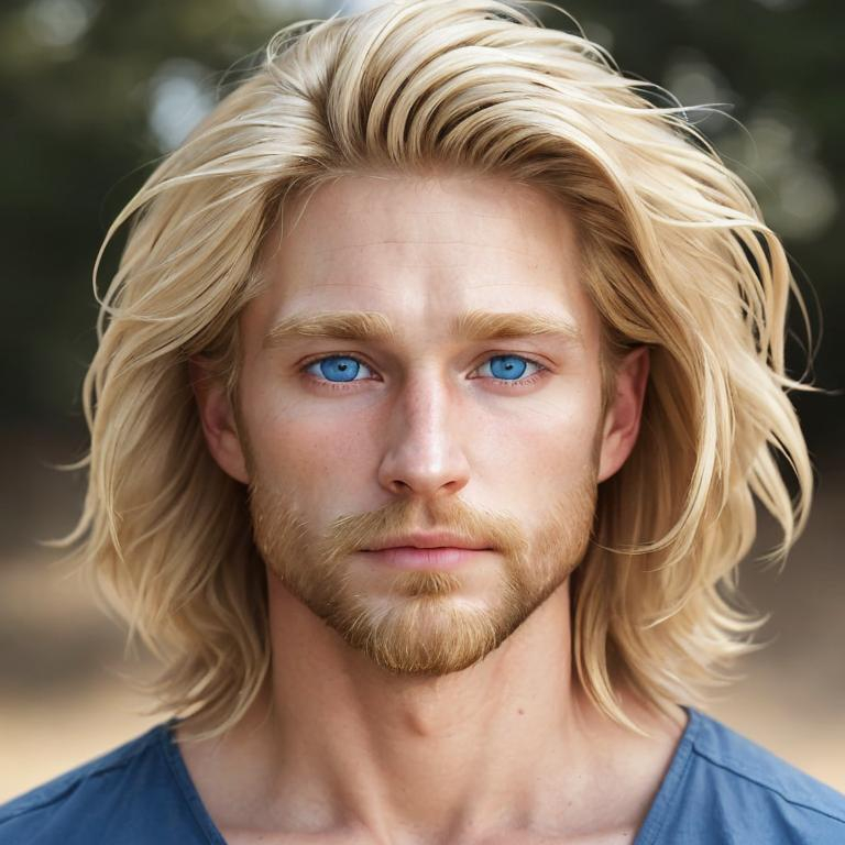 Prompt: 30 year old, rugged, caucasian. shoulder length blonde hair, blue eyes. facial closeup