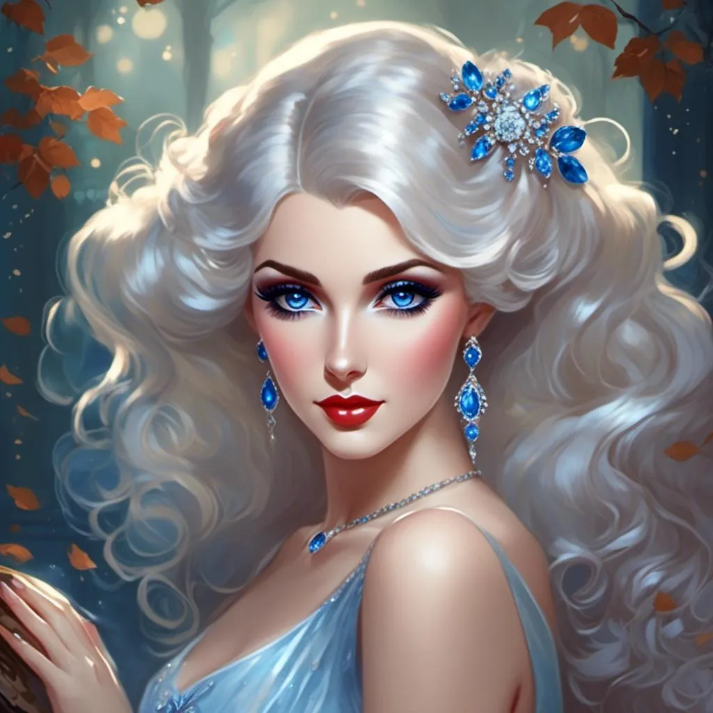 Prompt: <mymodel>A beautiful woman, snow white hair with pastel highlights, frosty blue eyes, blue eyeshadow, blue jewels on forehead