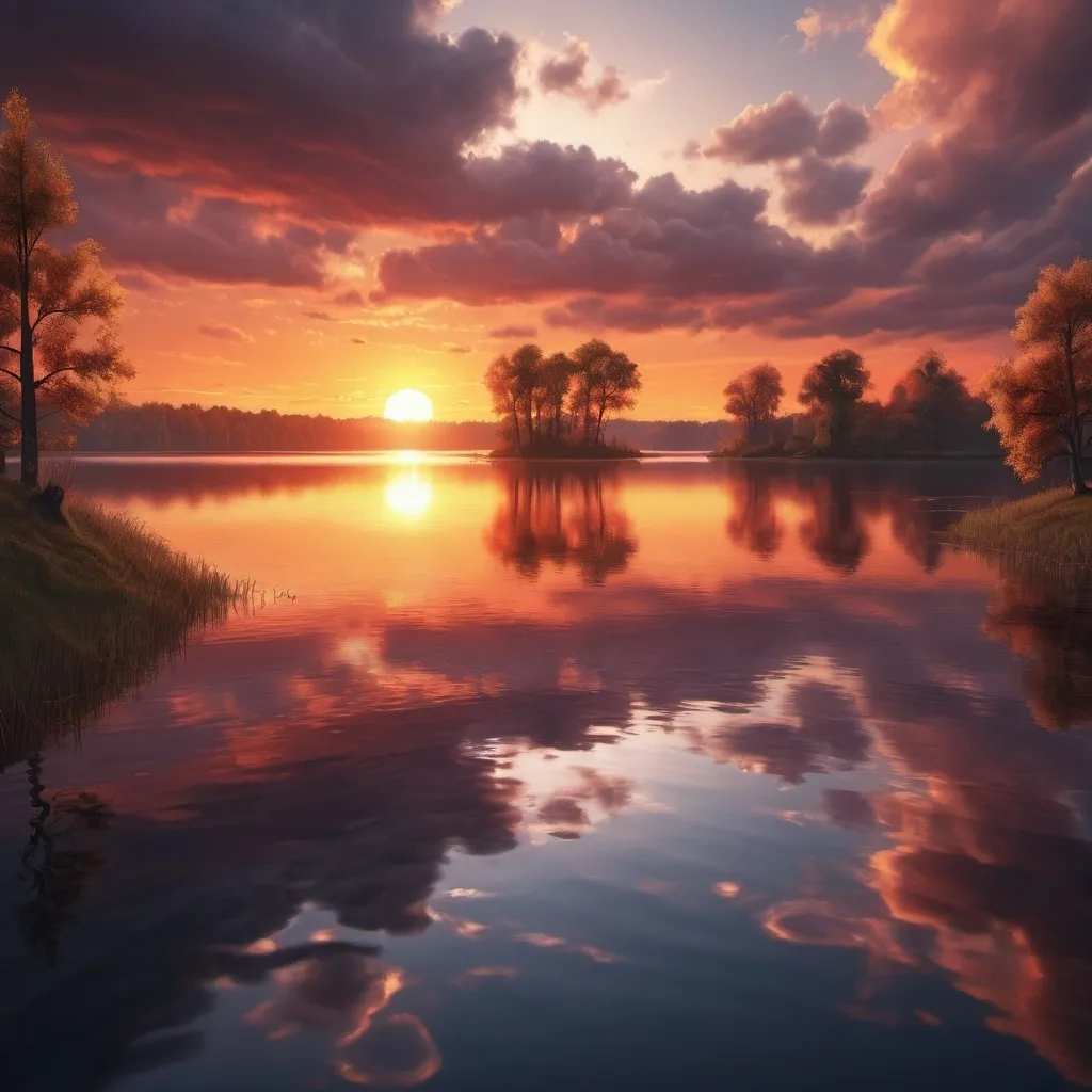 Prompt: a sunset over a lake with clouds and water reflecting the sun in the distance and a few trees in the distance, Anthony S Waters, naturalism, saturated colors, a matte painting