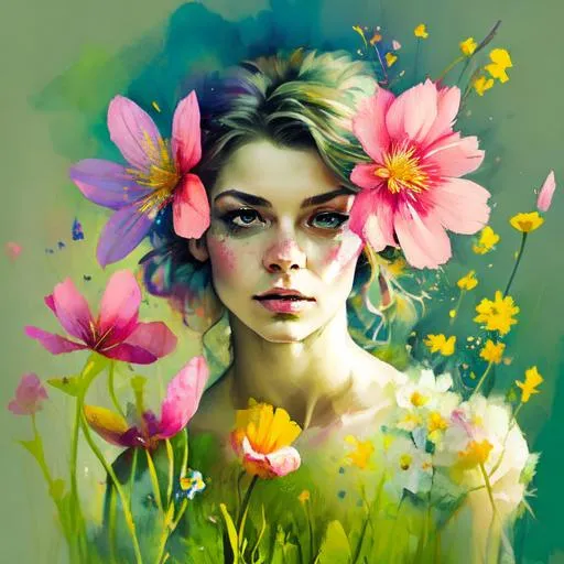 Prompt: a fairy of spring, ,wildflowers, vivid colors,  facial closeup