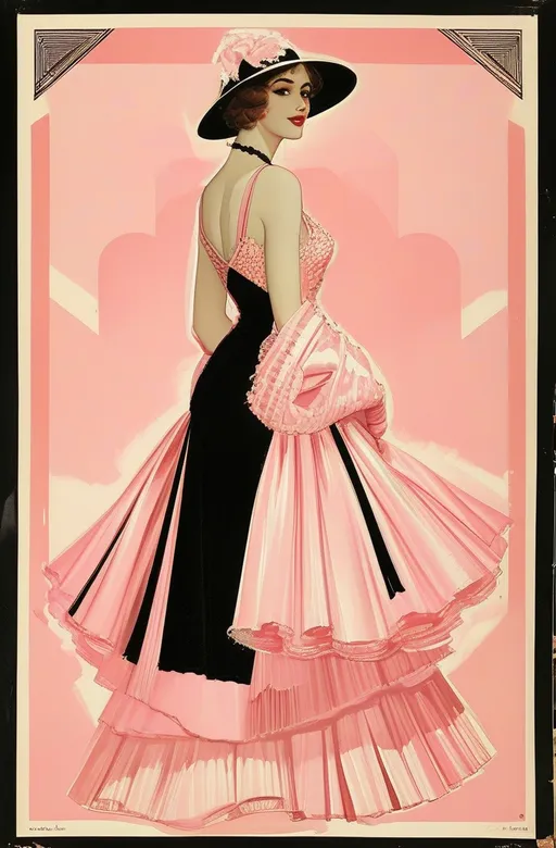 Prompt: (Retro hand-drawn advertisement poster) Leonetto Capiello style, full body,  pastel pink dress black background