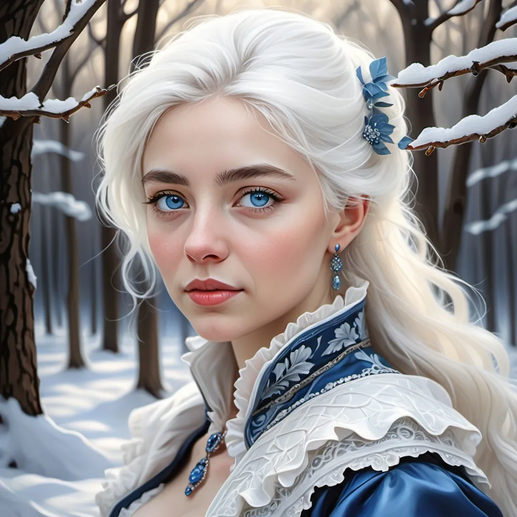 Prompt: a woman with blue eyes and white hair in the snow with trees in the background and snow on the ground, Elina Karimova, rococo, white hair, a photorealistic painting