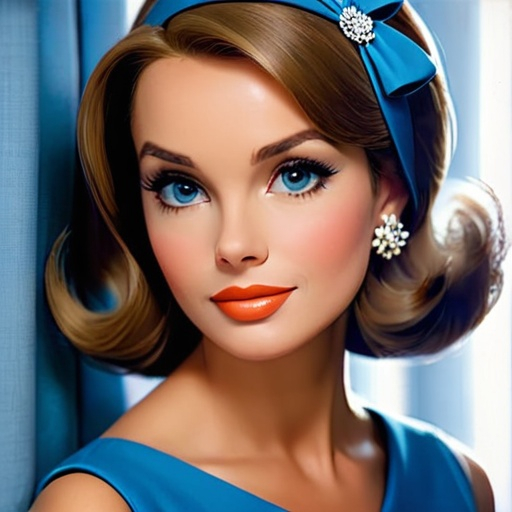 Prompt: A woman in elegant blue dress. circa 1965 attire, facial closeup