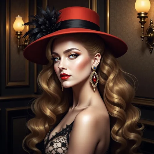 Prompt: A stunning figure exudes glamour and sophistication, adorned in an elegant black lace dress with a delicate, single strap. The model's cascading, voluminous blonde curls frame her face, accentuating her striking features highlighted by bold red lips and perfectly arched brows. Crowning her head is a vibrant red hat adorned with a dramatic black feather, which adds a touch of vintage flair. She stands against an opulent backdrop, where the rich, textured walls are subtly illuminated by vintage sconces, evoking an atmosphere of timeless elegance and intrigue. This captivating composition blends dramatic lighting with a luxurious color palette, creating a mood that is both alluring and theatrical.