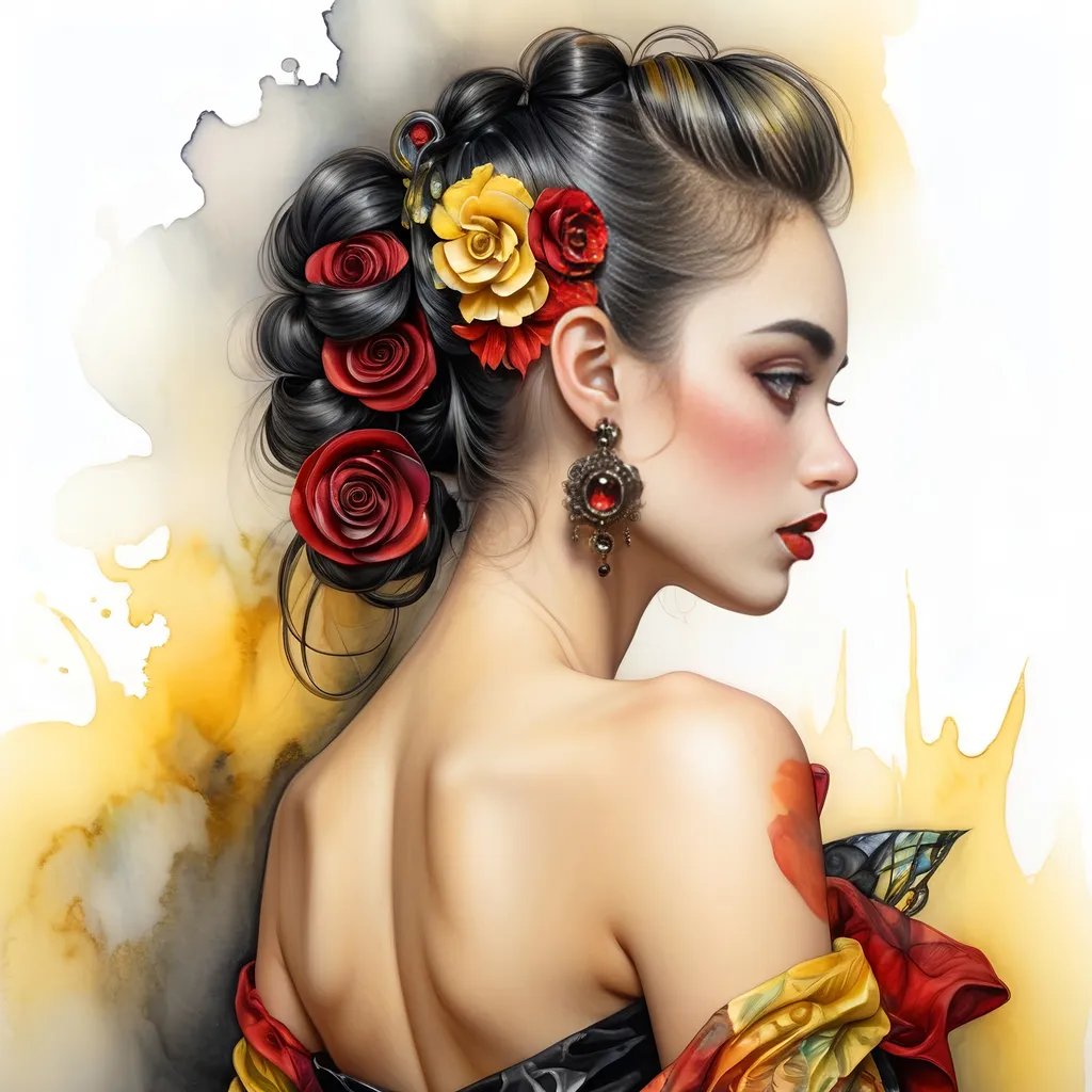 Prompt: <mymodel> beautiful woman, hair pinned up, yellow red black dress, earrings, Watercolor, trending on artstation, sharp focus, studio photo, intricate details, highly detailed, by  Josephine Wall and Jasmine Becket-Griffith