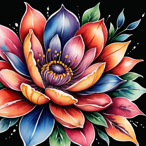 Prompt: <mymodel> Colorful flower tattoo, watercolor style, vibrant petals, intricate details, high quality, vibrant colors, floral design, professional tattoo art, artistic, beautiful, realistic, watercolor, detailed, highres, vibrant, intricate details, floral, professional, colorful, vibrant colors, watercolor style, artistic