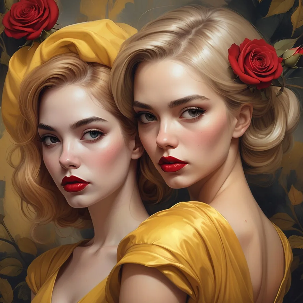 Prompt: two women with red lipstick and hair in a painting style, one wearing a yellow dress and the other wearing a red rose, Artgerm, fantasy art, highly detailed digital painting, a detailed painting