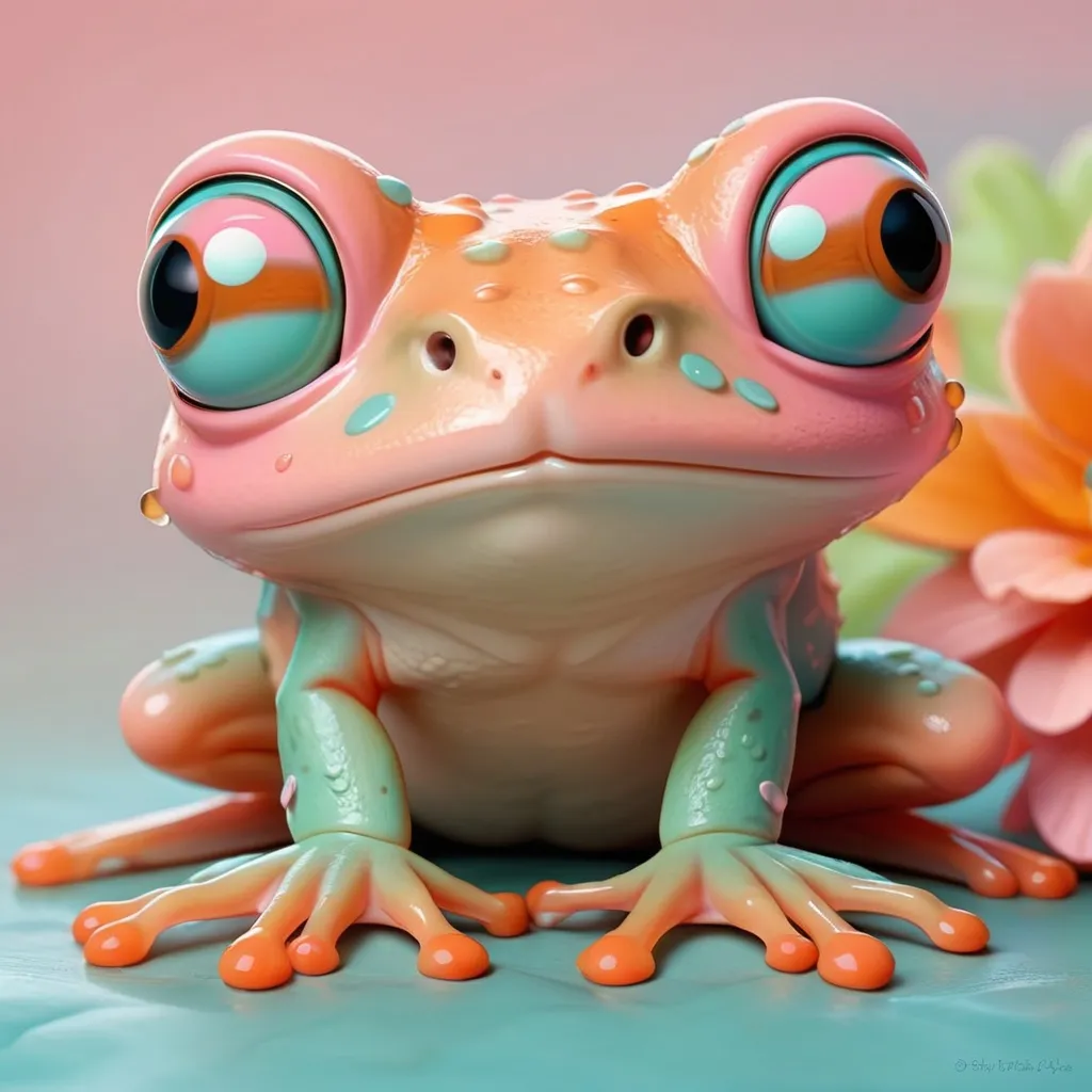 Prompt: Cute little frog in pastel colors of pink, orange and teal