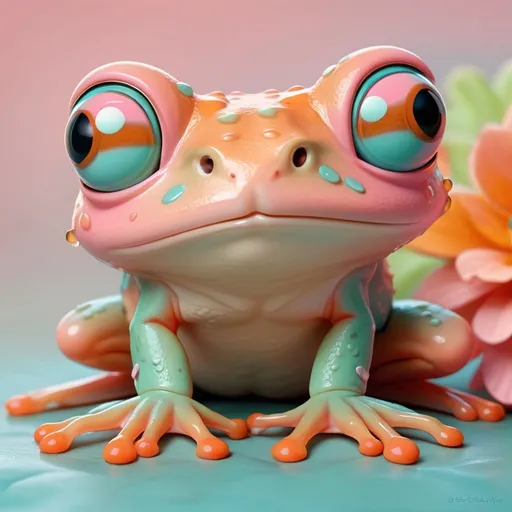 Prompt: Cute little frog in pastel colors of pink, orange and teal