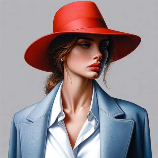 Prompt: a painting of a woman with a red hat on her head and a blue jacket on her shoulders and a white shirt on, Artgerm, figurative art, photorealistic portrait, a photorealistic painting