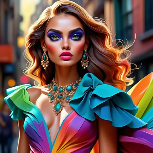 Prompt: digital painting, dramatic colourful makeup, high fashion, intense gaze, realistic portrayal, vibrant colors, detailed features, highres, professional, dramatic, realistic, digital painting, intense gaze, vibrant colors, detailed features, high fashion, glamorous lighting