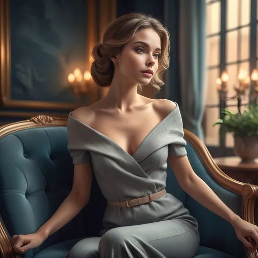 Prompt: elegant lady sitting in a chair, cute and realistic facial features, sophisticated outfit, classy chair design, soft warm lighting, inviting ambiance, serene atmosphere, luxurious background with subtle details, attention to detail in clothing texture, high-quality image, ultra-detailed, cinematic style