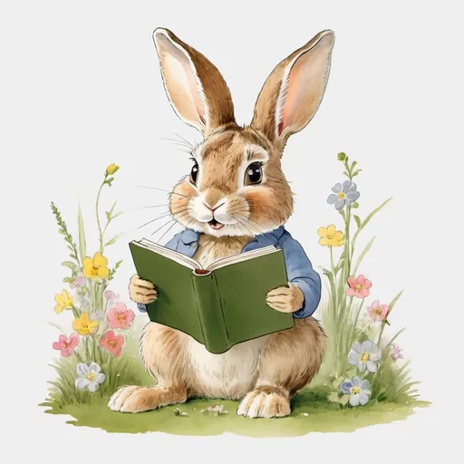 Prompt: a rabbit reading a book while sitting in the grass with flowers around it's feet and eyes open, Beatrix Potter, art & language, storybook illustration, a storybook illustration