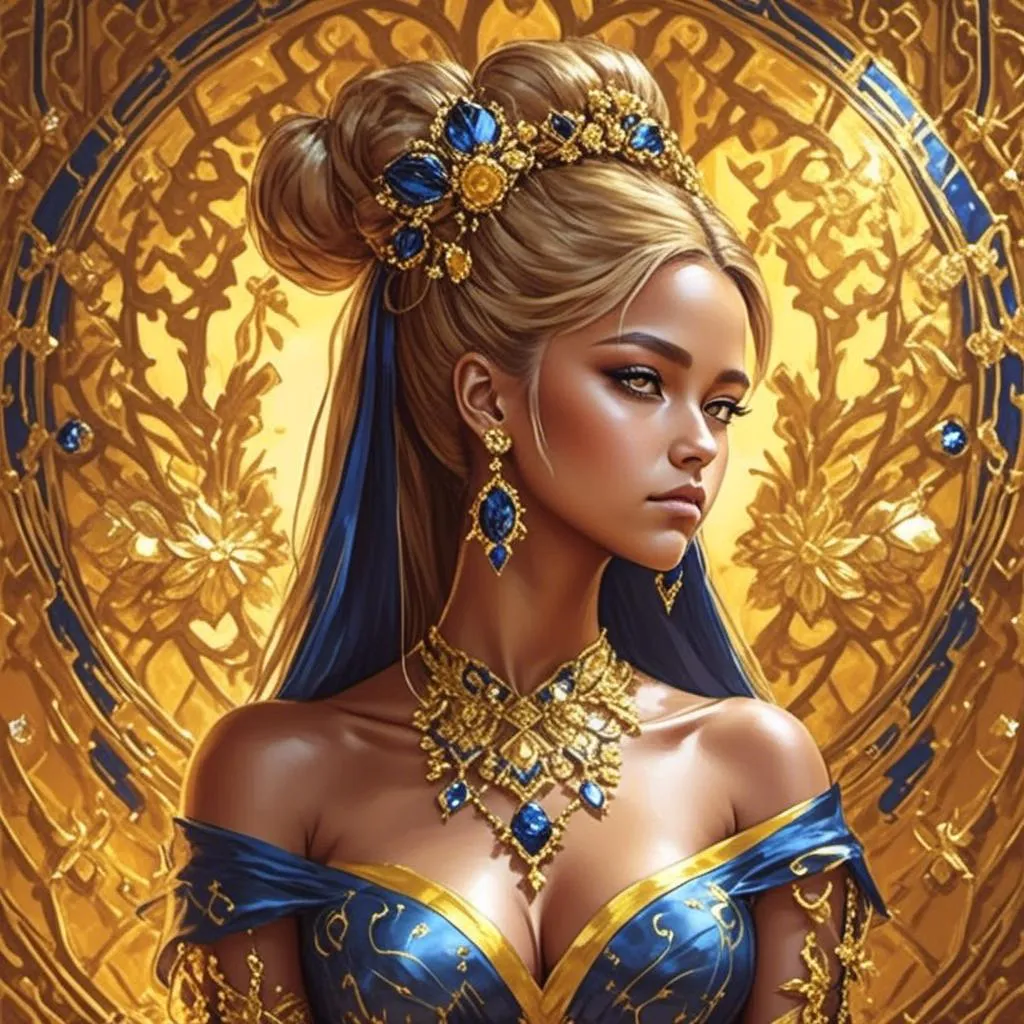 Prompt: <mymodel> a woman in a blue dress with a gold headpiece and earrings on her head, with a golden background, Donato Giancola, fantasy art, highly detailed digital painting, egyptian art