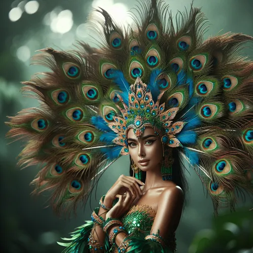 Prompt: A woman adorned with peacock feathers