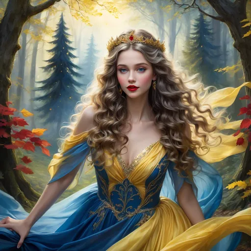 Prompt: A striking figure strides confidently through a lush woodland, wearing an elegant gown that blends vibrant blue and flowing yellow fabrics, evocative of classic fairy tale motifs. Her long, curly hair cascades around her shoulders, contrasting beautifully with her regal attire, while her red lips and sparkling tiara add a touch of enchantment. The background features tall, majestic trees that cast delicate shadows in the soft, dappled light, suggesting a calm, magical atmosphere. Wildflowers in white and yellow peek through the lush greenery along the winding path, enhancing the idyllic, storybook quality of the scene as it effortlessly captures a sense of wonder and graceful beauty.