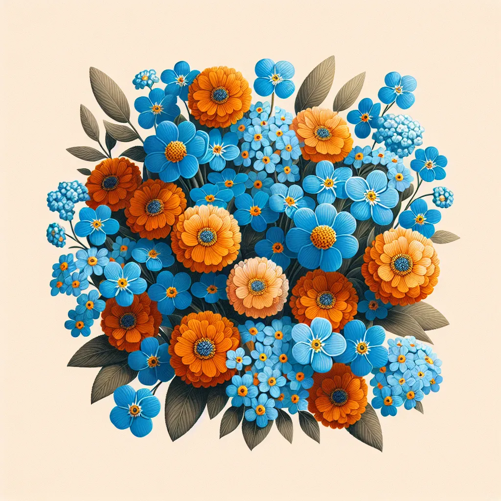 Prompt: A blue and orange flower arrangement