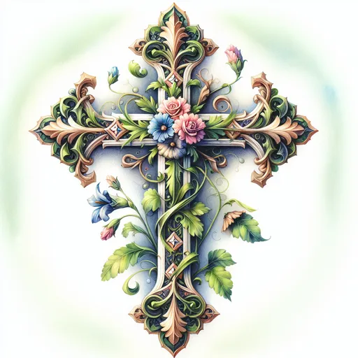 Prompt: a cross with flowers and leaves on it, painted in watercolors on a white background, with a green border, Anne Stokes, gothic art, tattoos, a tattoo