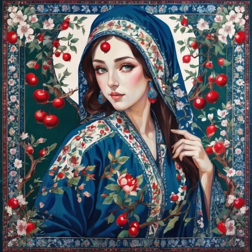 Prompt: A colorful design in the dimensions of 140x140 centimeters, its main theme is white and red, there are pomegranates and cherry blossoms in it, and some green leaves and branches and traditional Iranian designs are used, and there are small birds in it.