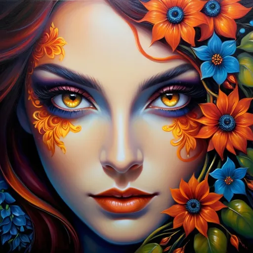 Prompt: Beautiful  hybrid woman with flowers sprouting from her, oil painting, detailed fiery eyes, ethereal glow, dark and mysterious, high quality, vibrant colors, surreal, haunting, intricate floral details, intense gaze, mystical atmosphere, oil painting, demon, hybrid, fiery eyes, ethereal, vibrant colors, surreal, haunting, floral details, intense gaze, mystical atmosphere